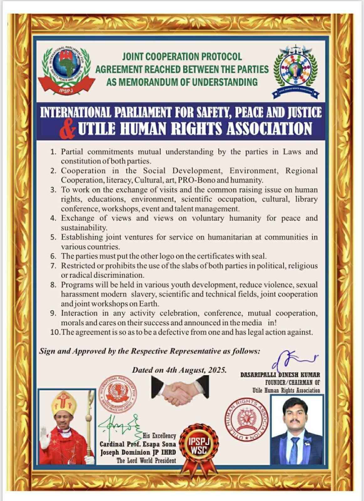 International Parliament for Safety, Peace and Justice Certificate